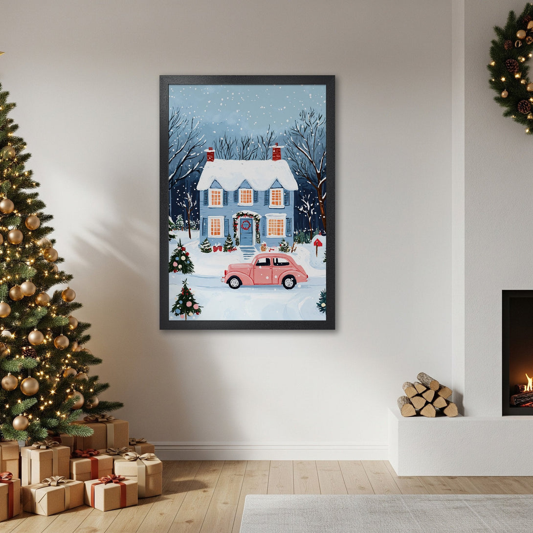 Framed Poster featuring a charming winter scene with a blue house and pink car. Cozy, whimsical style with a blue, white, and pink color palette. Perfect holiday decor!