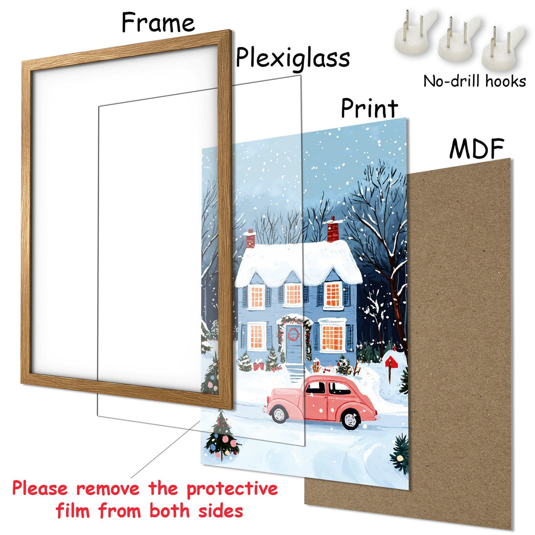 Framed Poster featuring a winter scene with a blue house and pink car. Cozy illustration in a cool blue and warm palette. Perfect holiday decor!