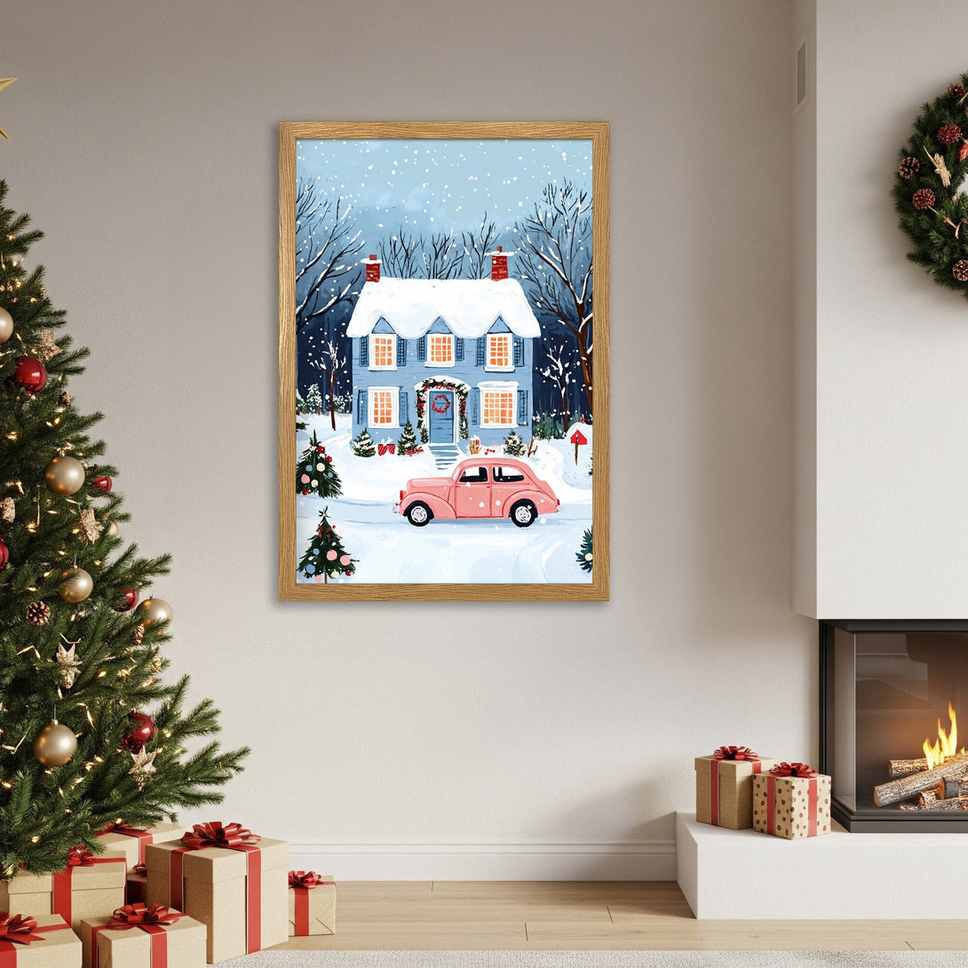 Framed Poster featuring a charming winter scene with a house and pink car. Whimsical art style, blue and pink color palette. Perfect holiday decor!