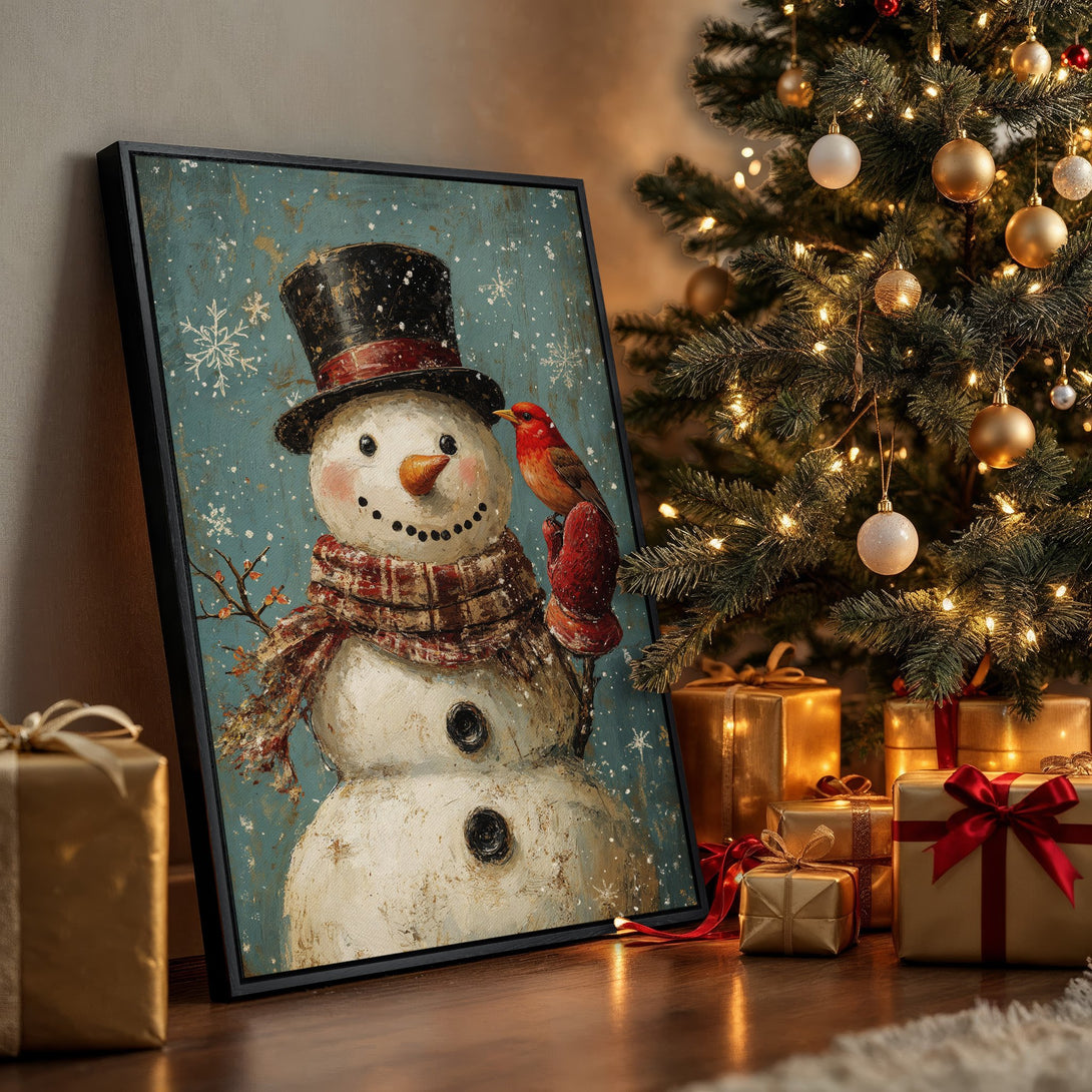 Framed Wall Art: Whimsical snowman with a bird, painted in a vintage style with a teal and red color palette, perfect for Christmas decor.