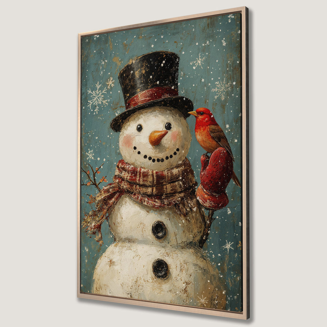 Framed Wall Art featuring a charming snowman and red bird in a vintage style. Beautiful teal and red color palette, perfect for winter decor.