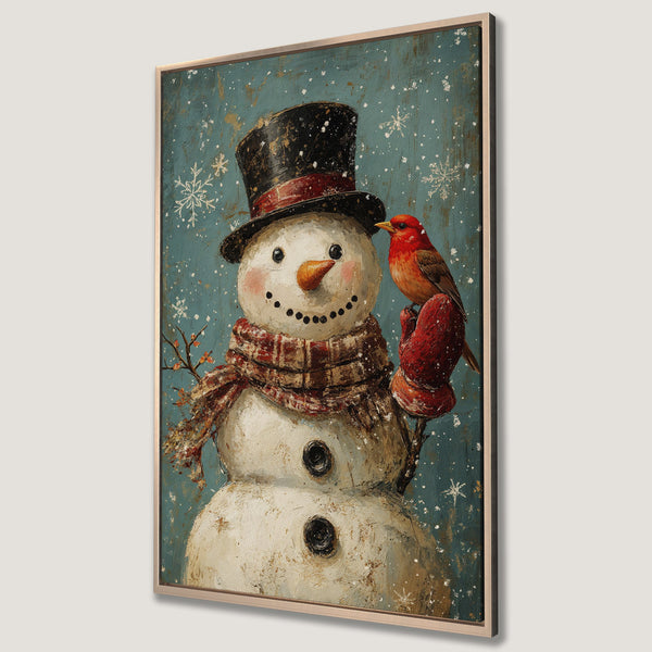 Framed Wall Art featuring a charming snowman and red bird in a vintage style. Beautiful teal and red color palette, perfect for winter decor.