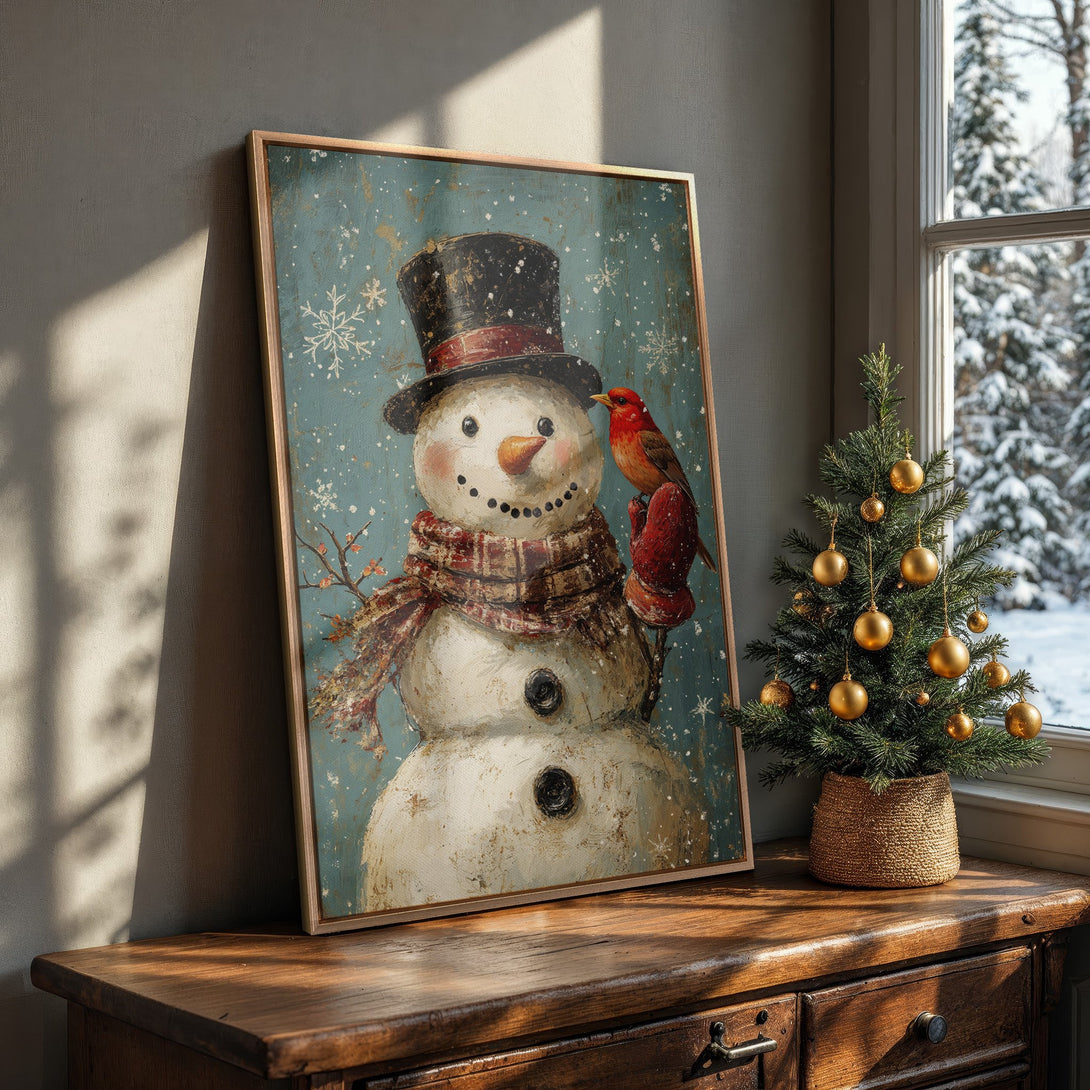 Framed Wall Art: Vintage snowman painting with a robin, teal and cream color palette. Perfect for cozy winter decor.