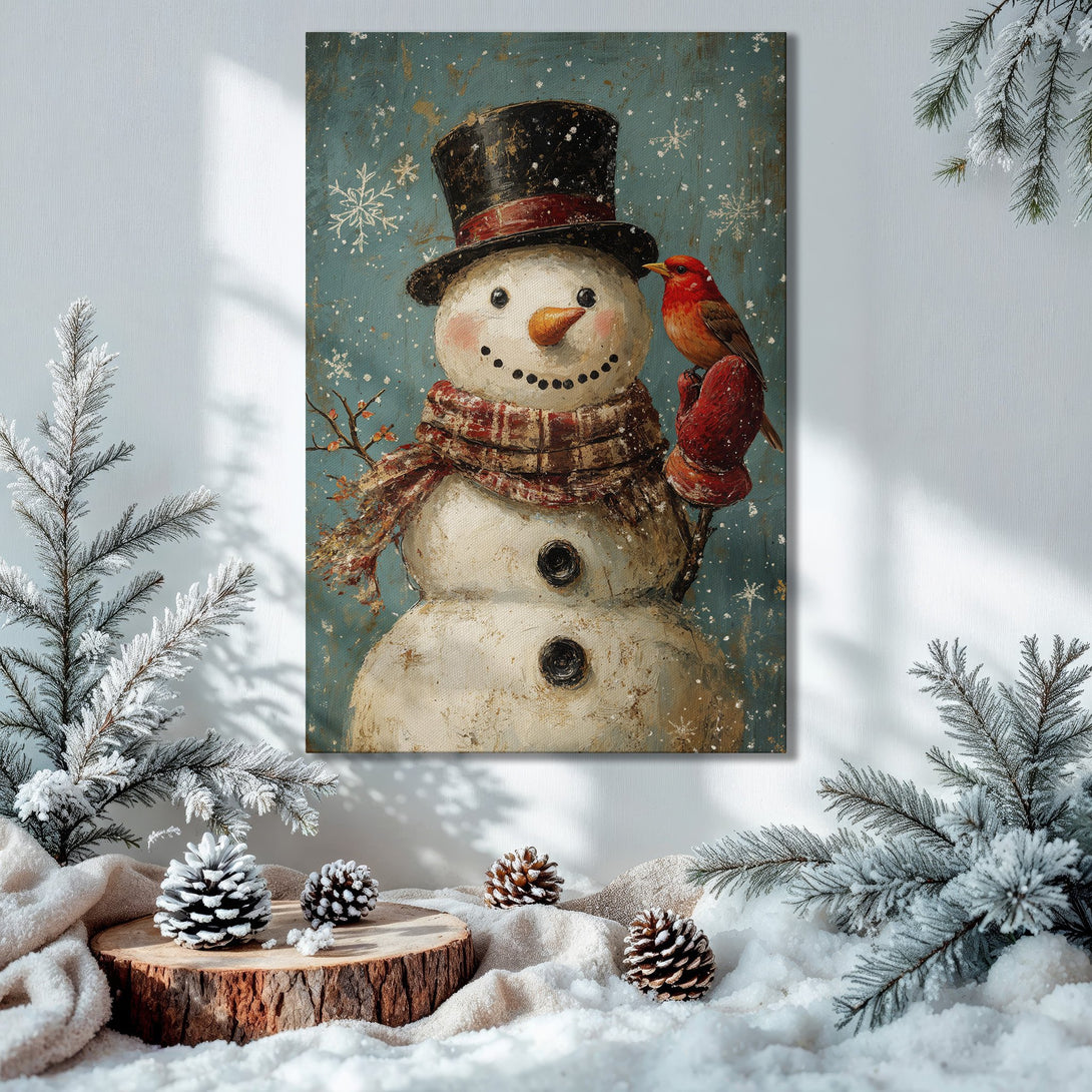 Framed Wall Art: Whimsical snowman art with a robin, in a vintage style, with a teal and red color palette. Perfect Christmas decor!