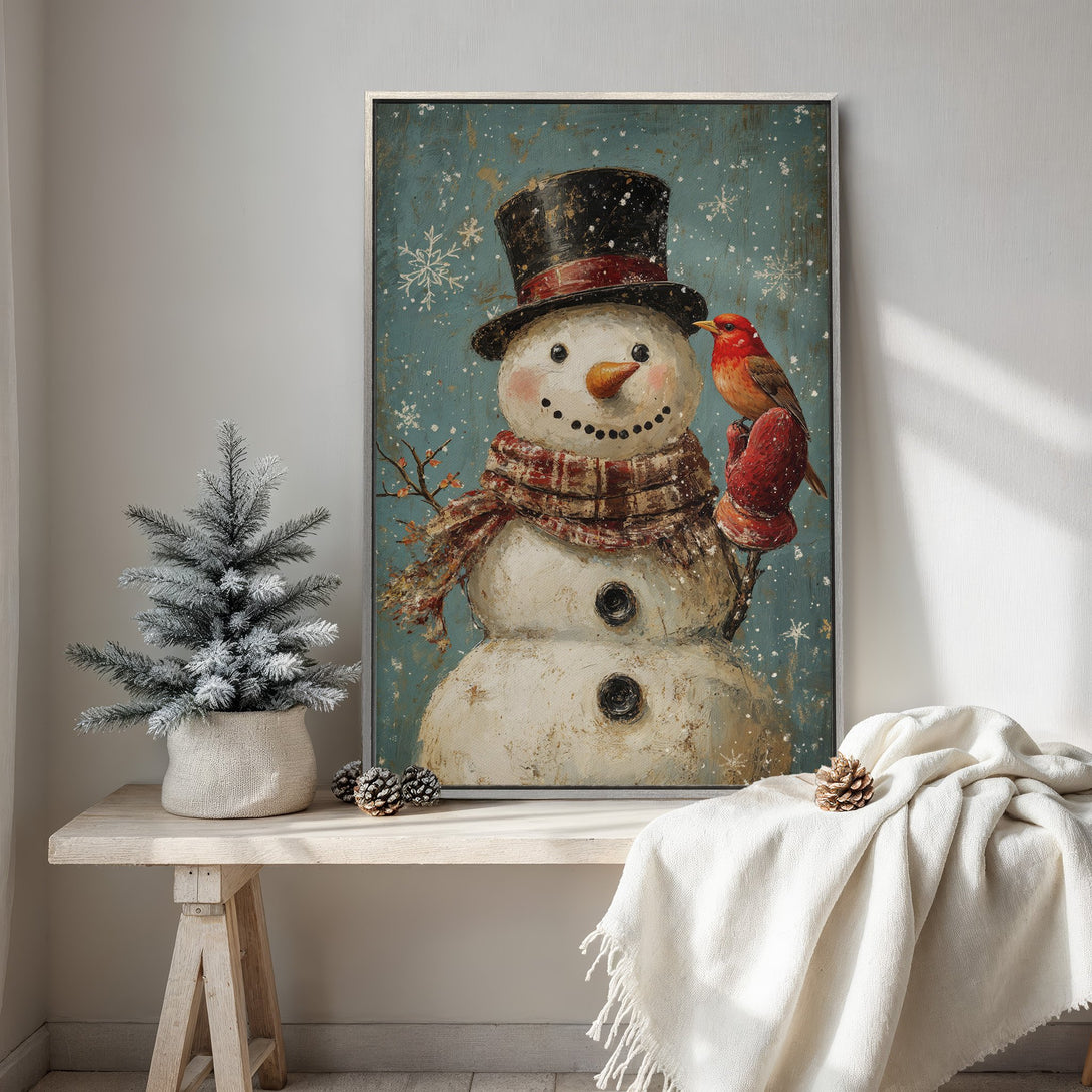 Framed Wall Art: Charming snowman with a red bird, vintage style, teal and warm color palette. Perfect for winter decor.