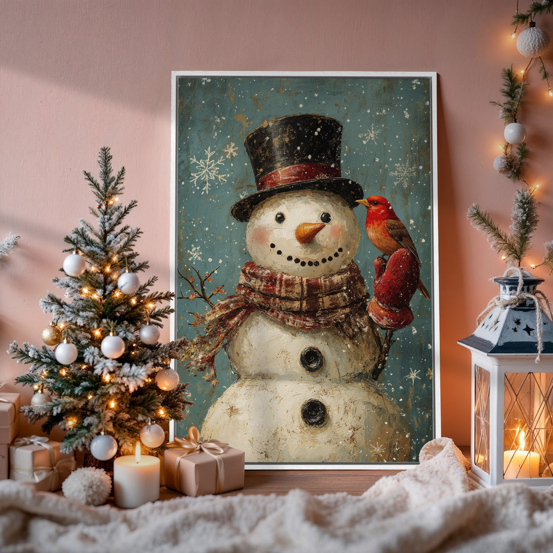 Framed Wall Art: Vintage snowman print with red bird, cozy winter decor in teal & warm tones. Perfect holiday gift!