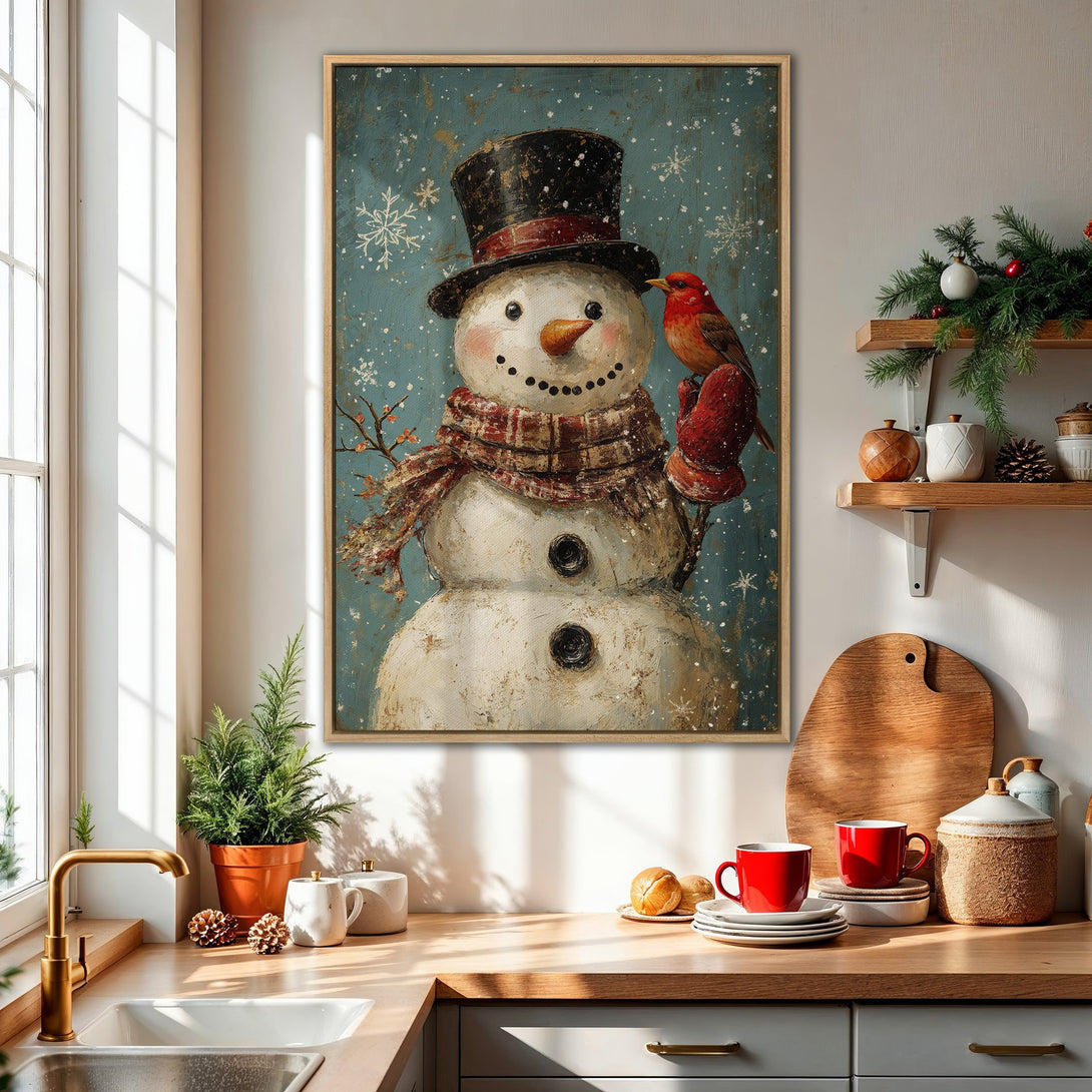 Framed Wall Art: Charming snowman painting with a red bird, rustic style, teal and warm color palette. Perfect for winter decor!