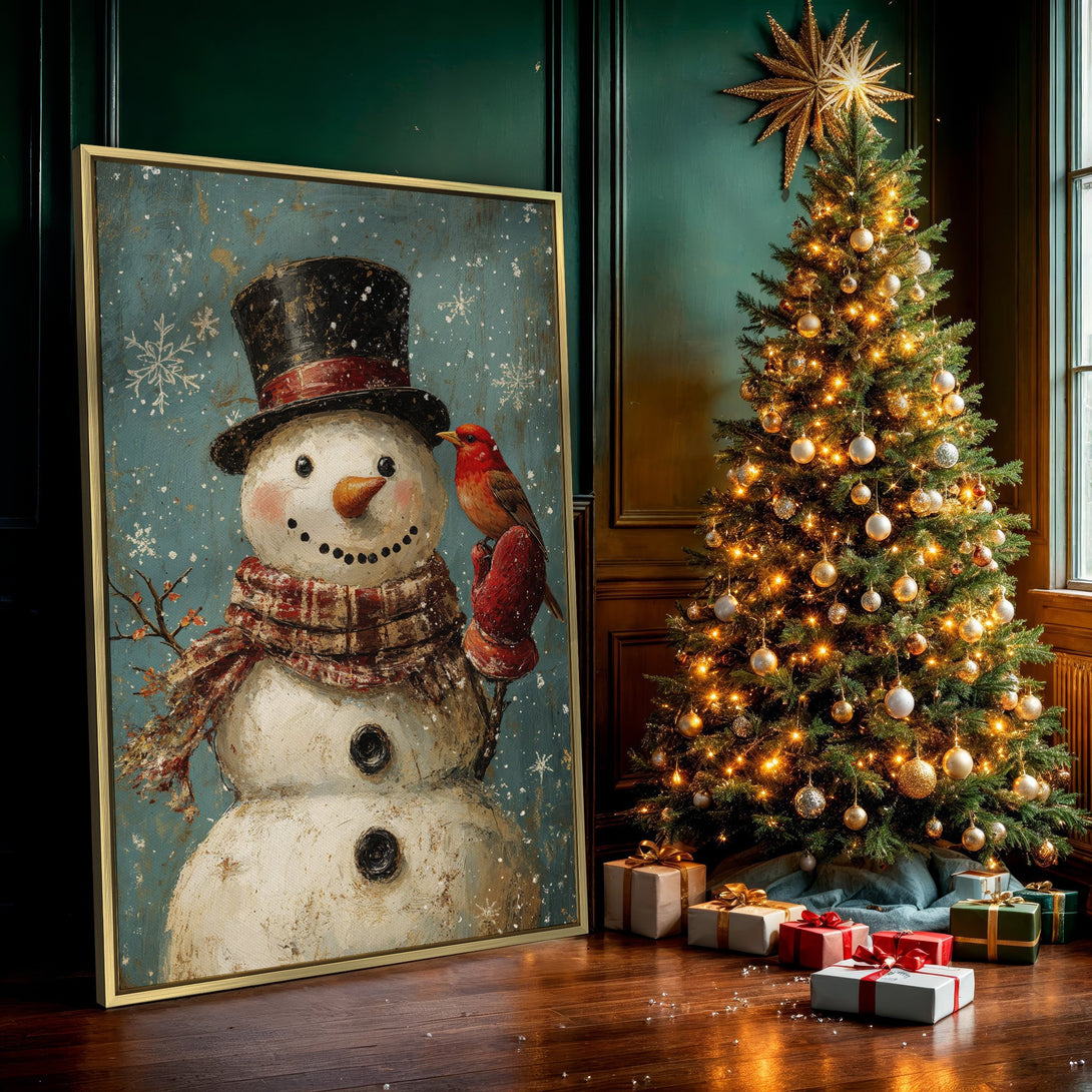Canvas Print of a charming snowman with a red bird. Rustic style, teal and warm color palette. Perfect for holiday decor!