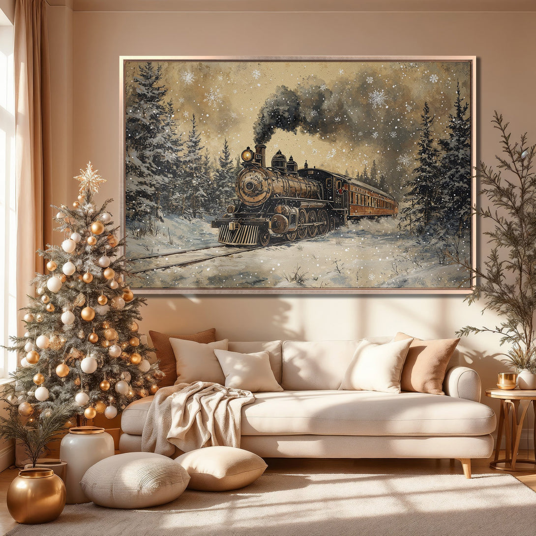 Framed Wall Art: Winter train scene in warm tones. Vintage style Canvas Print adds cozy charm to any room. Perfect Christmas decor!
