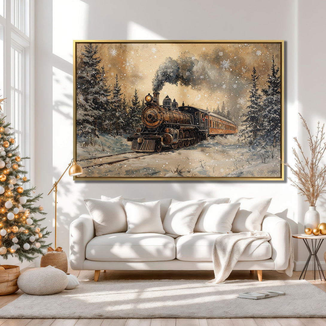Canvas Print of a vintage train in a snowy landscape, warm color palette, perfect for cozy winter decor.