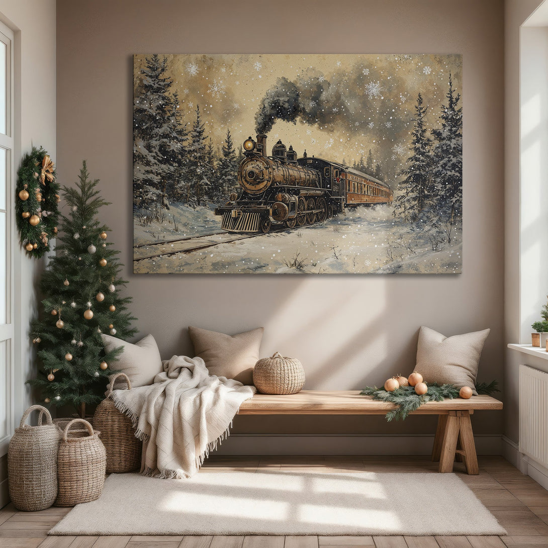 Framed Wall Art: Vintage train in winter scene, warm color palette. Perfect for cozy home decor. Add a touch of nostalgia with this beautiful art piece.