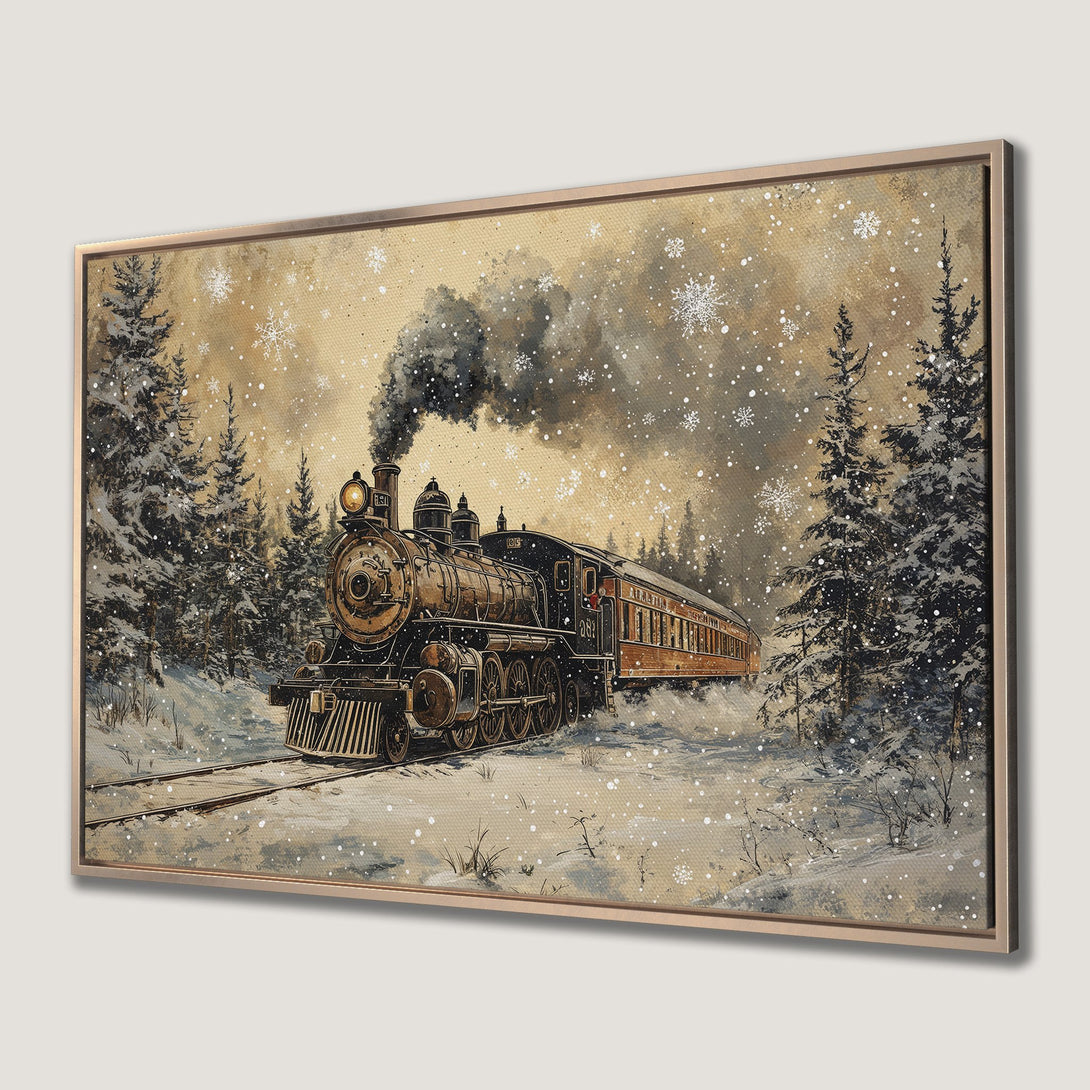 Framed Wall Art: Vintage train in a snowy forest. Warm, muted tones with a touch of winter magic. Perfect for cozy decor!