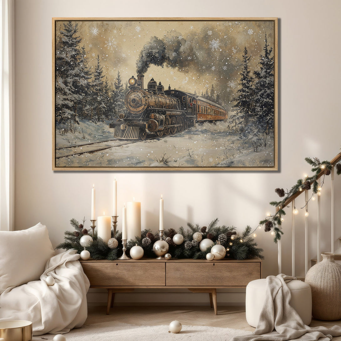 Framed Wall Art: Vintage train in a snowy forest scene. Warm, neutral color palette. Perfect for cozy, winter decor.
