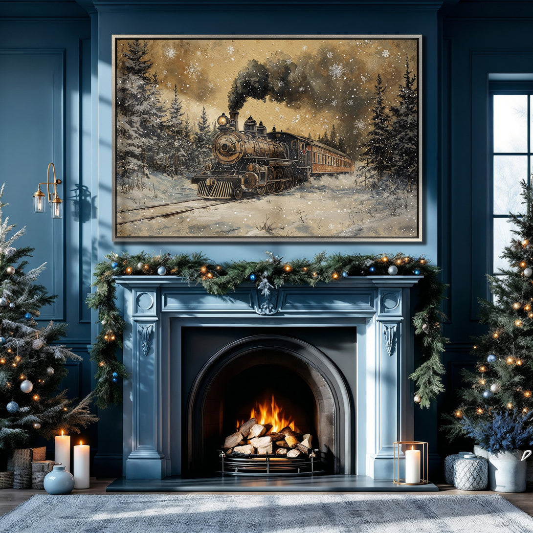 Framed Wall Art: Vintage train scene in a snowy forest, warm tones, displayed above a fireplace in a blue interior. Perfect holiday decor!