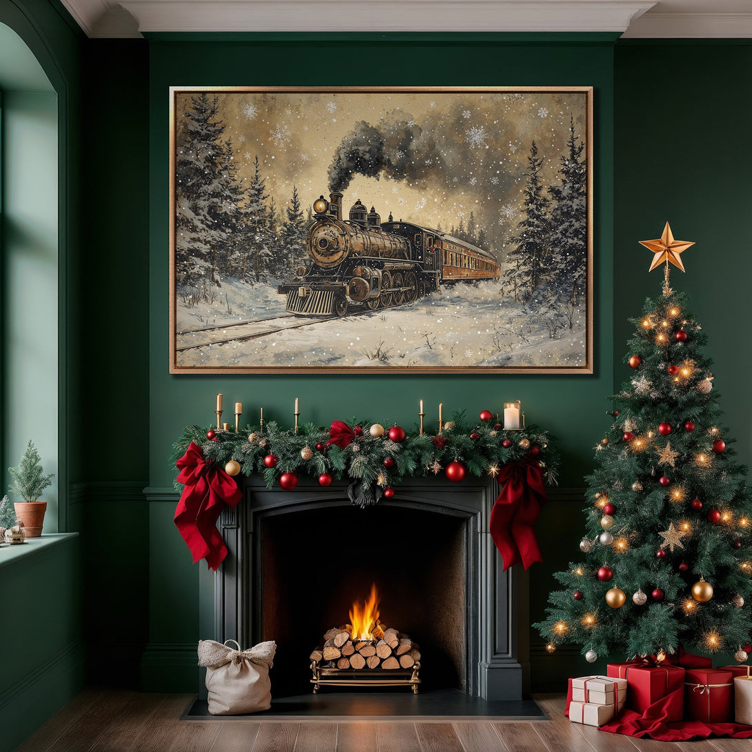 Framed Wall Art: Vintage train in winter scene. Warm gold and brown tones, perfect for holiday decor. Adds cozy charm to any room.