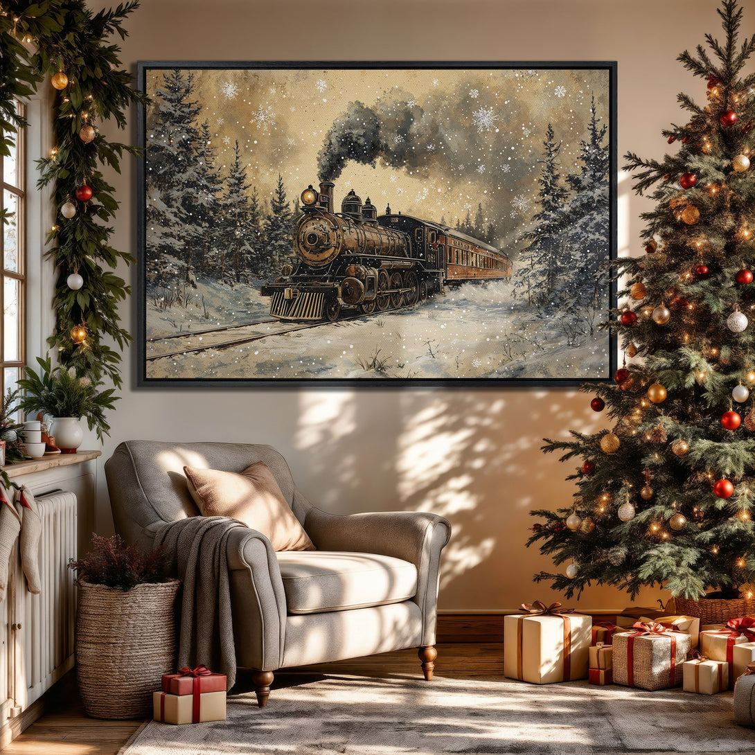 Framed Wall Art: Vintage train in winter scene, warm neutral tones. Cozy Christmas decor. Perfect for adding a touch of nostalgia to your home.