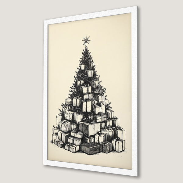 Framed Poster featuring a Christmas tree made of gifts, sketched in black and white, with a beige background. Perfect holiday decor!
