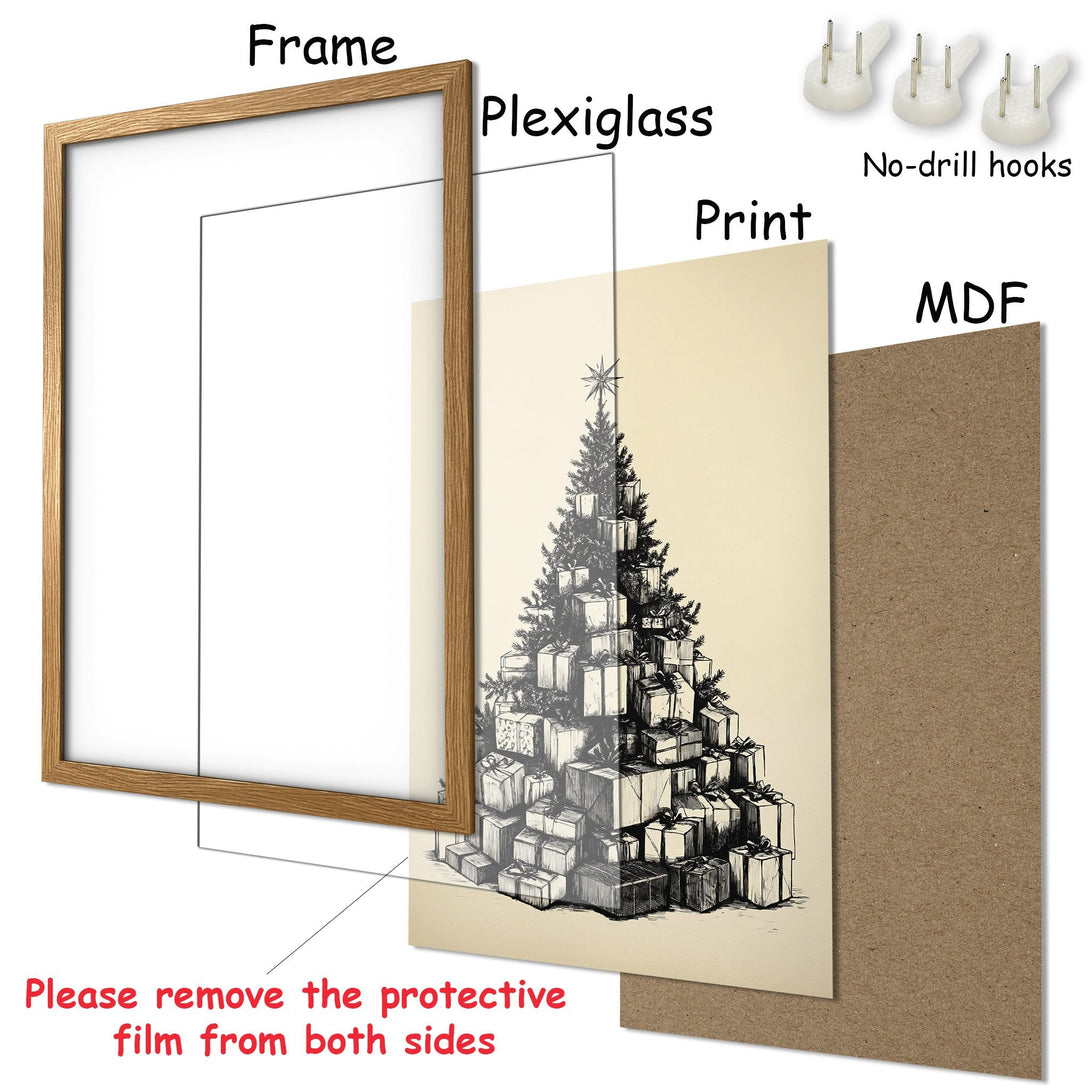 Framed Poster featuring a Christmas tree illustration in black and white. Elegant, minimalist design with a neutral color palette. Ready to hang!