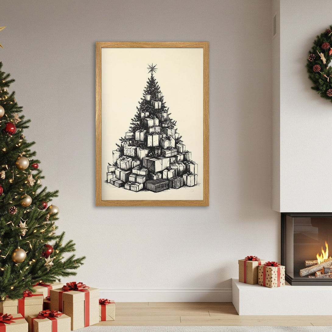 Framed Poster featuring a Christmas tree made of gifts, in a black and white sketch style. Neutral color palette.