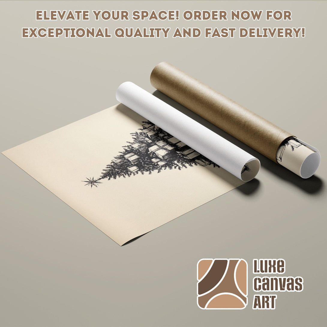 Poster Roll featuring a black and white Christmas tree design on a neutral palette. Elevate your space!