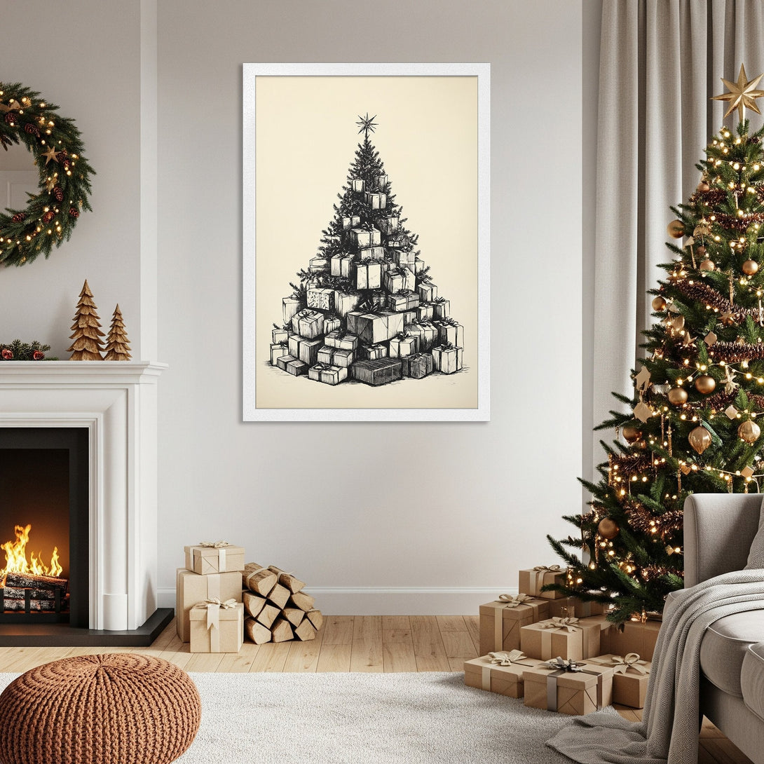 Framed Poster featuring a Christmas tree made of gifts, sketched style, neutral color palette, perfect holiday decor.