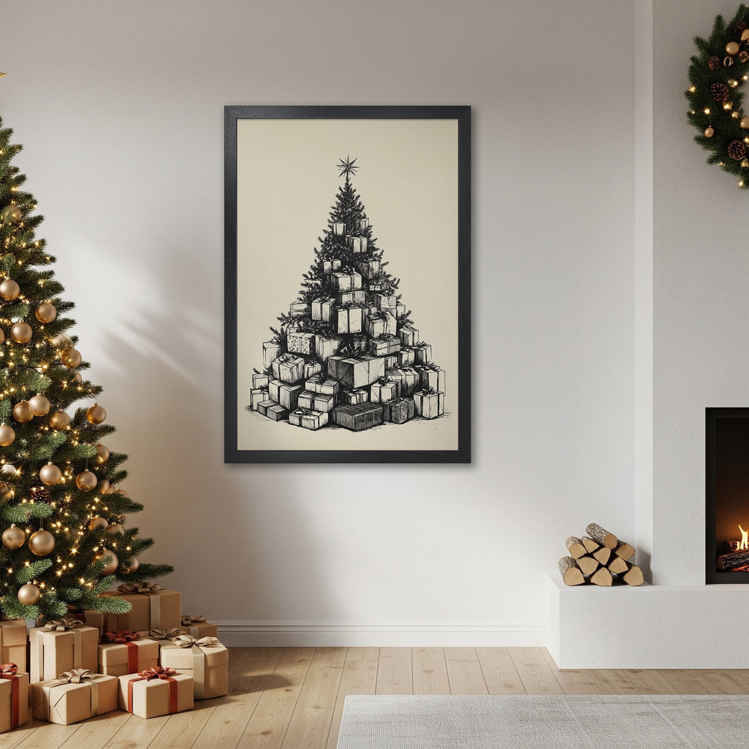 Framed Poster of Christmas tree made of gifts, sketched style, neutral tones. Perfect holiday decor!