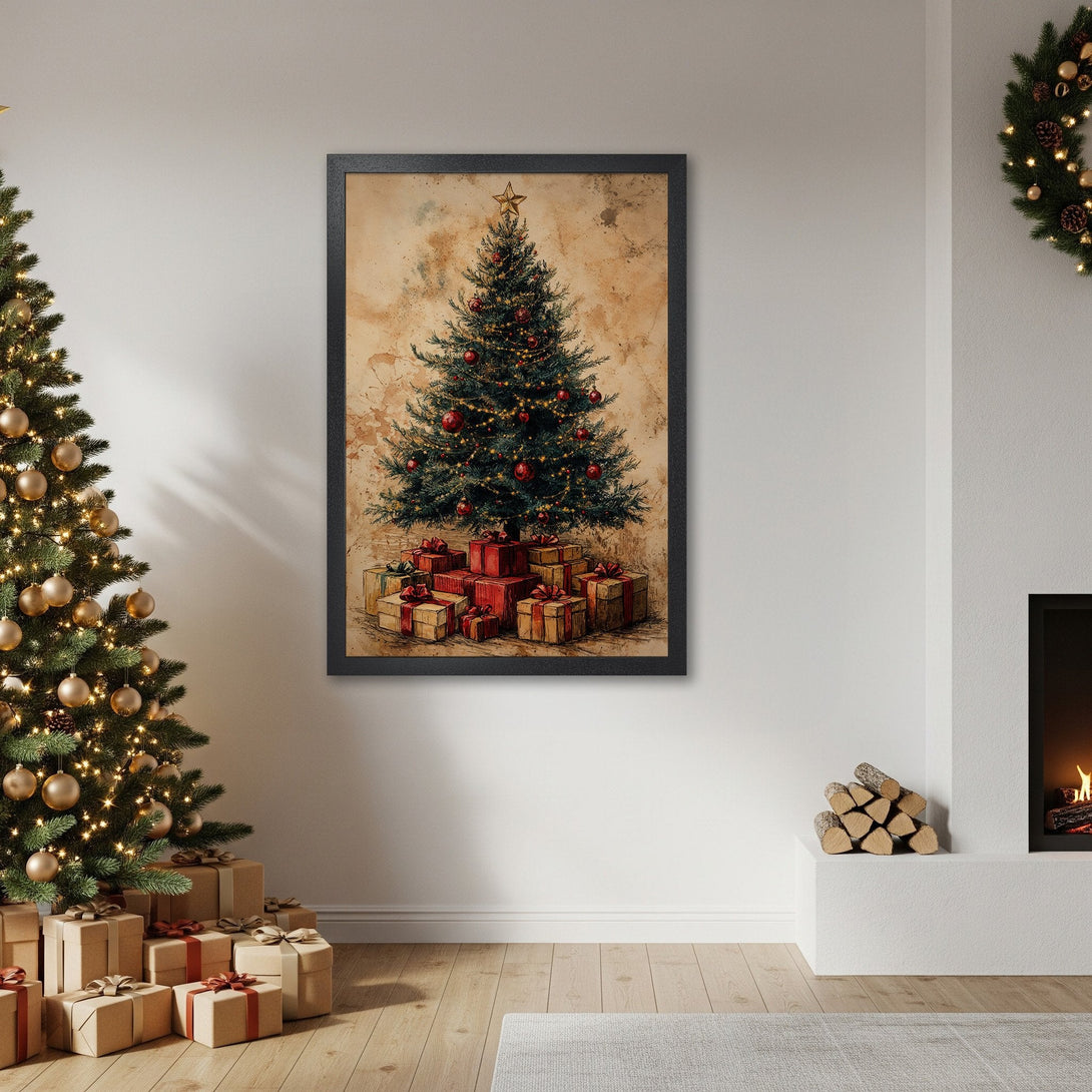 Framed Poster featuring a vintage Christmas tree illustration in a warm, neutral color palette. Perfect holiday decor!