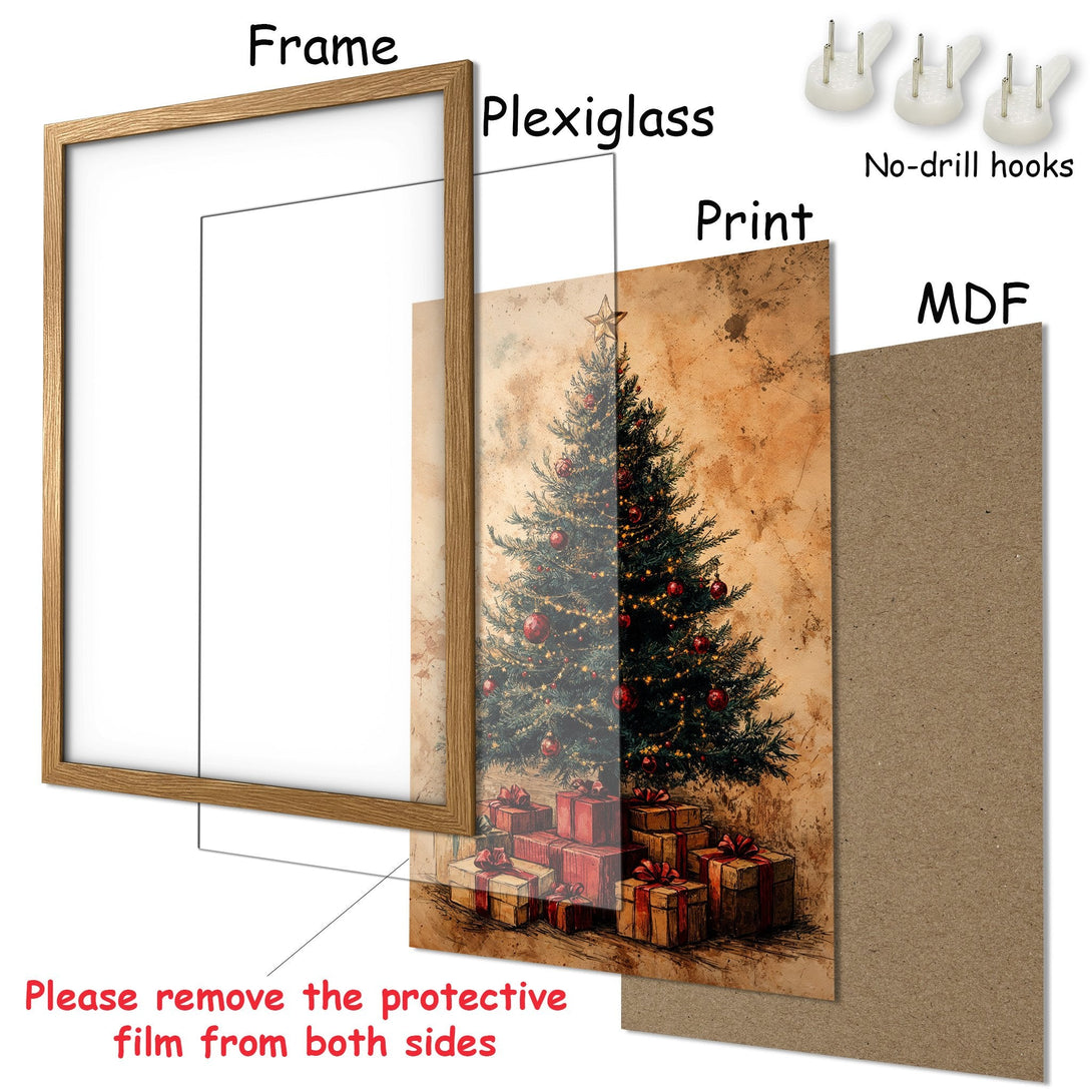 Framed Poster of a Christmas tree with gifts, vintage style, warm brown and red color palette. Perfect holiday decor!