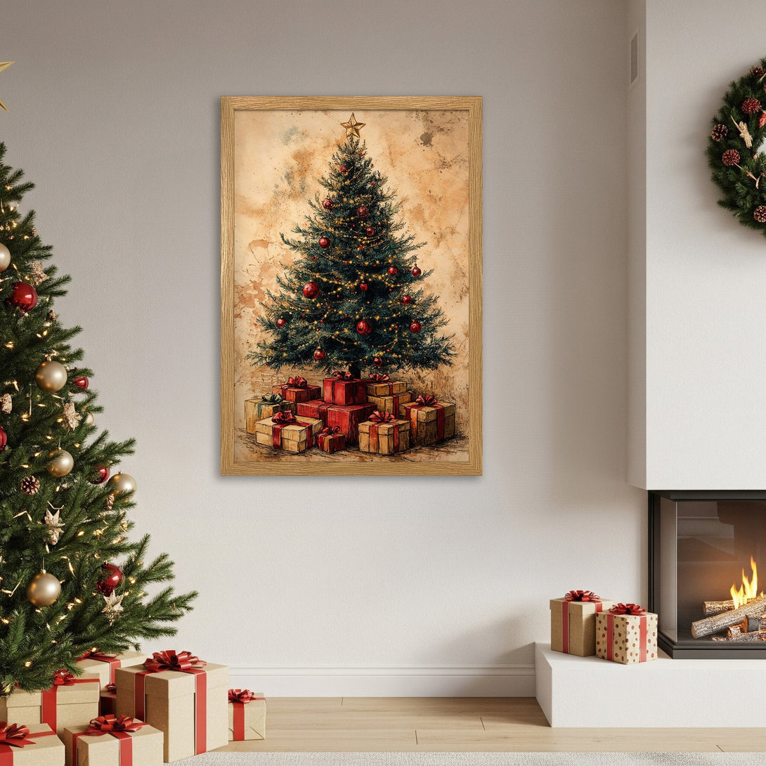 Framed Poster featuring a Christmas tree illustration in a vintage style with a warm, neutral color palette. Perfect holiday decor!