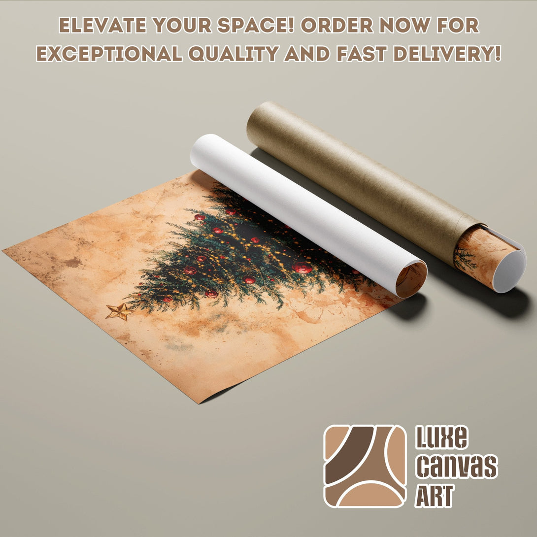 Christmas tree poster roll, vintage style, warm brown tones. Elevate your space with this unique poster!