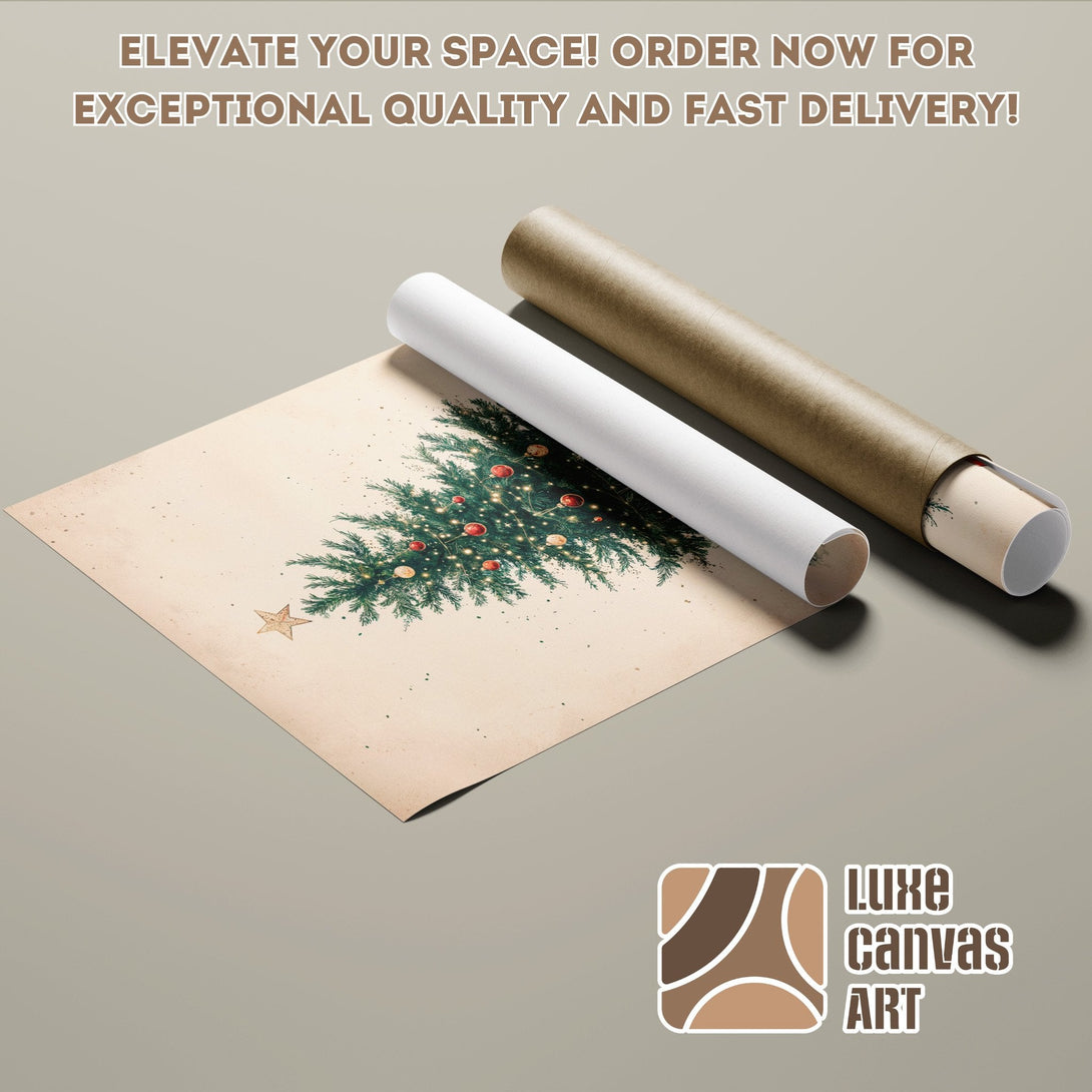 Christmas tree poster roll, vintage style, warm neutral tones, perfect holiday decor.