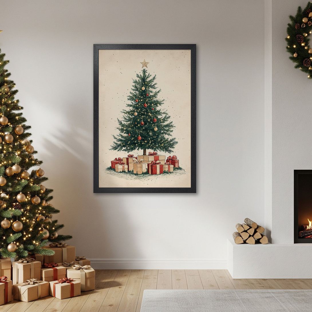 Framed Poster featuring a vintage-style Christmas tree illustration in green, red, and beige. Perfect holiday decor!