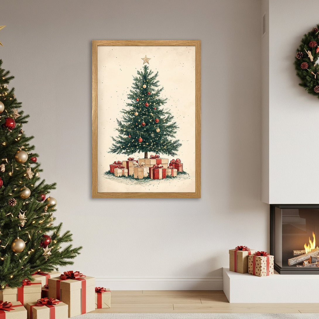 Framed Poster featuring a watercolor Christmas tree with gifts. Warm, festive color palette. Perfect holiday decor!