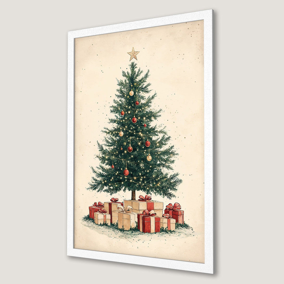 Framed Poster featuring a festive Christmas tree with gifts, vintage style, warm color palette. Perfect holiday decor!