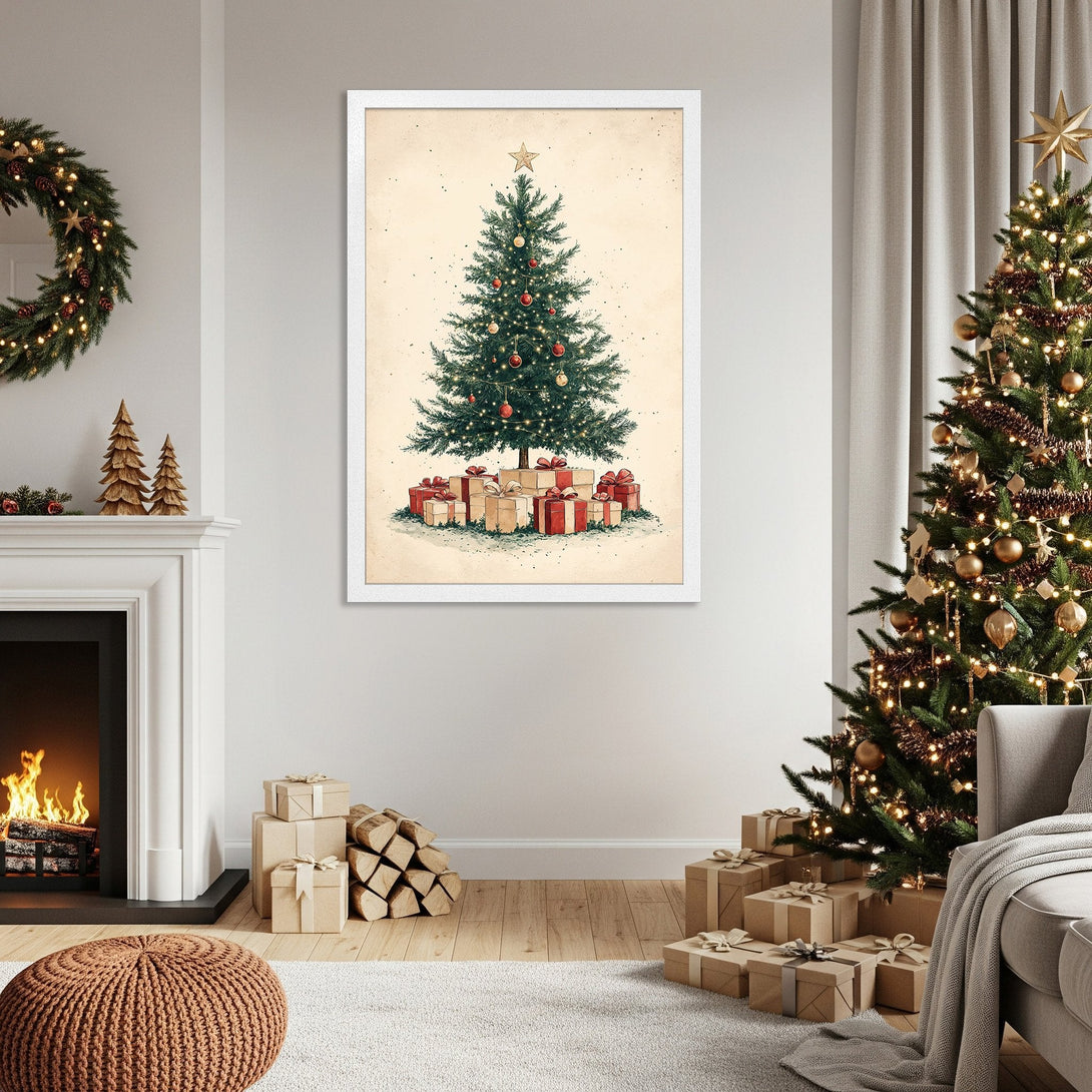Framed Christmas Tree Poster, vintage style, warm neutral palette with green and red accents, perfect holiday decor.