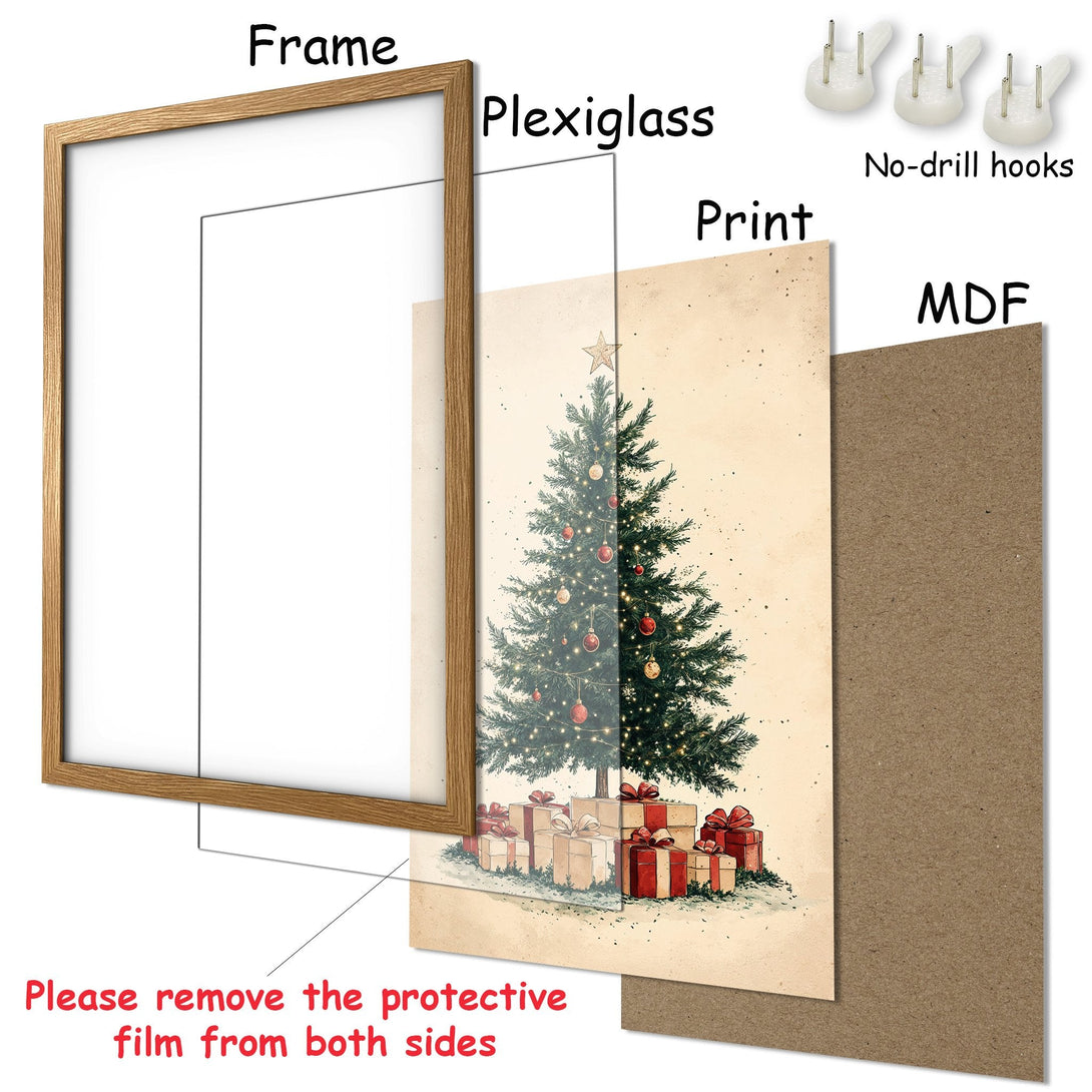 Framed Poster featuring a Christmas tree illustration in a vintage style with a warm, neutral color palette. Perfect holiday decor!