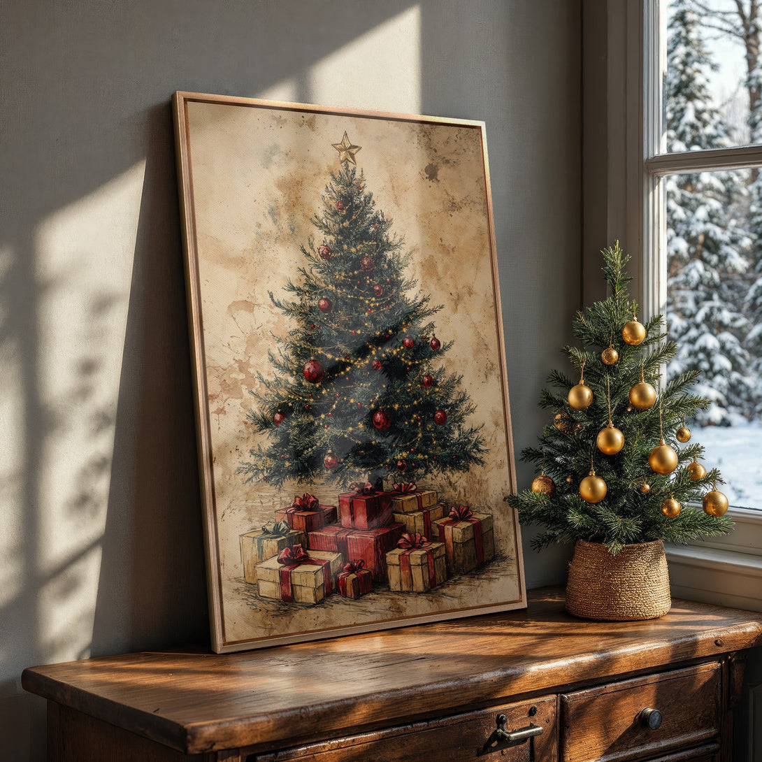 Framed Wall Art: Vintage Christmas tree print with warm, rustic tones. Perfect holiday decor for a cozy, inviting home.