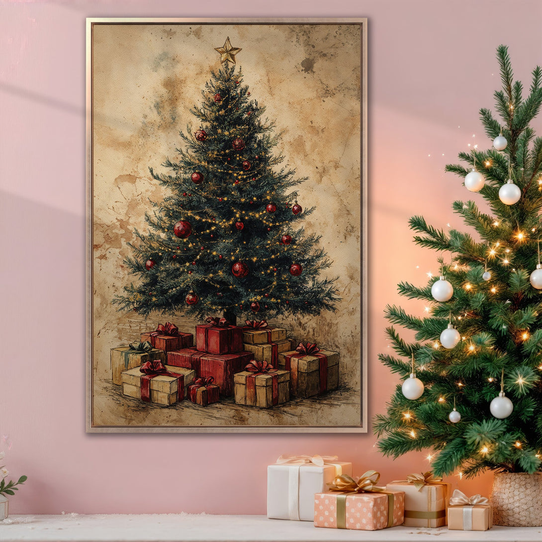 Framed Wall Art: Vintage Christmas tree print with warm, inviting colors. Perfect holiday decor for a cozy, festive home.