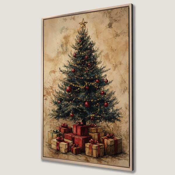 Framed Wall Art: Vintage Christmas tree print with a warm, rustic color palette. Perfect holiday decor! Shop now for unique wall art.