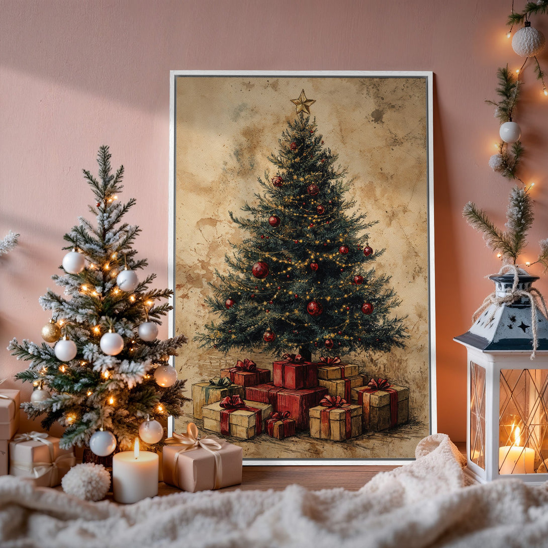 Framed Wall Art: Vintage Christmas tree print with red ornaments & gifts. Warm, cozy color palette for festive home decor. Shop now!