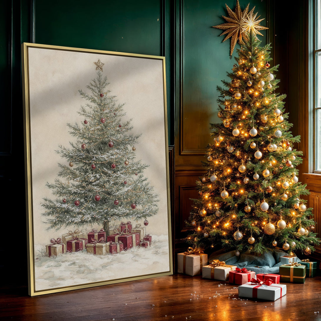 Canvas Print of a vintage Christmas tree, featuring a cozy, wintery scene with red and gold accents on a neutral background. Perfect holiday decor!