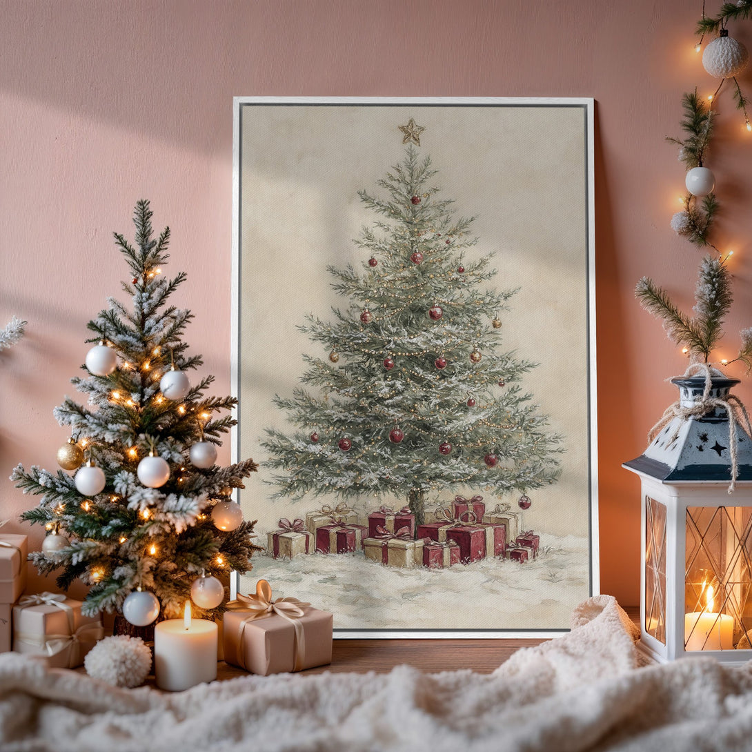 Framed Wall Art featuring a vintage Christmas tree illustration in warm beige and red tones. Perfect holiday decor for a cozy, festive feel.