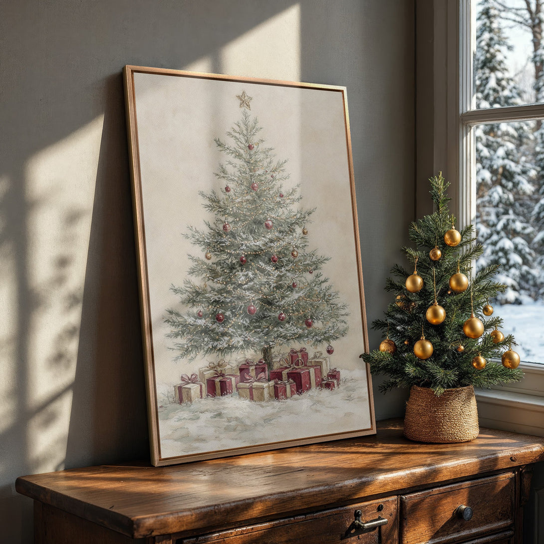Framed Wall Art featuring a vintage Christmas tree painting with a warm, neutral color palette. Perfect holiday home decor.