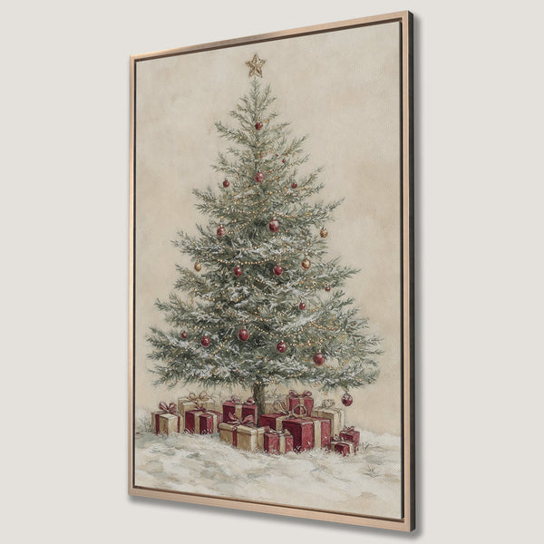 Framed Wall Art: Vintage Christmas tree print with red and gold accents. Perfect holiday decor for a cozy, inviting atmosphere. Shop now!