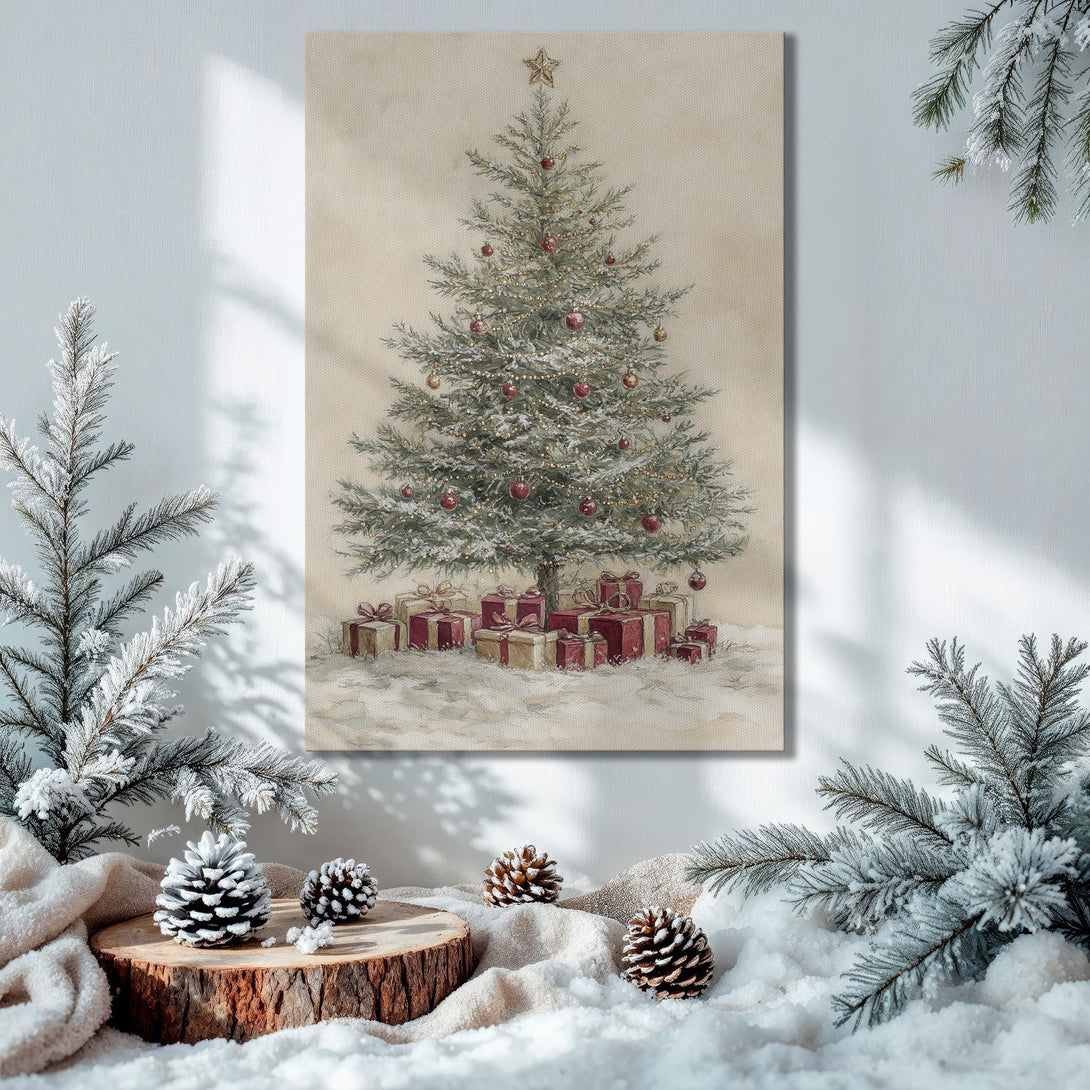 Framed Wall Art: Christmas tree painting in a cozy interior. Warm, inviting color palette with gold frame, perfect holiday decor.