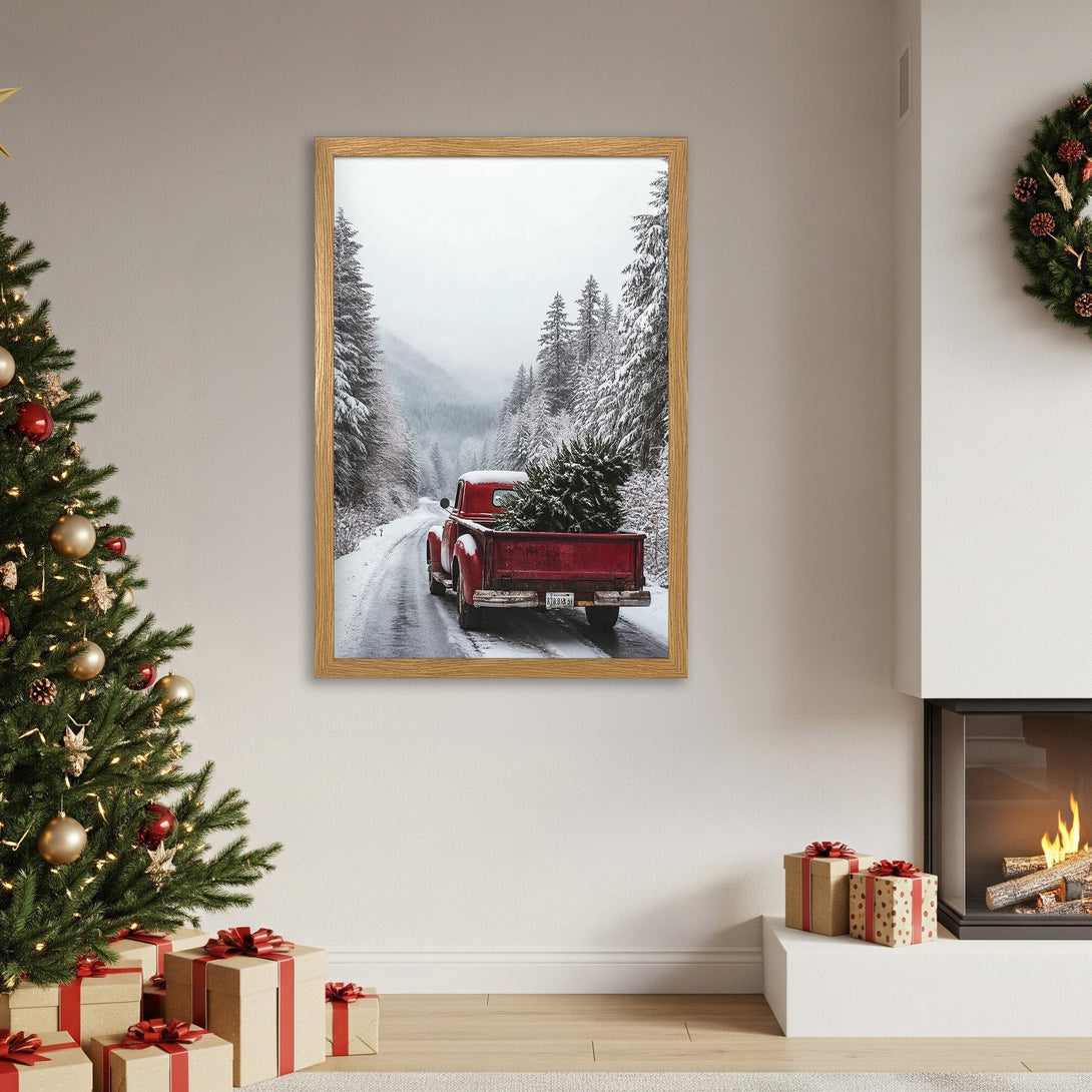 Framed Poster of a red truck with a Christmas tree on a snowy road. Rustic style, wintery palette. Perfect holiday decor!