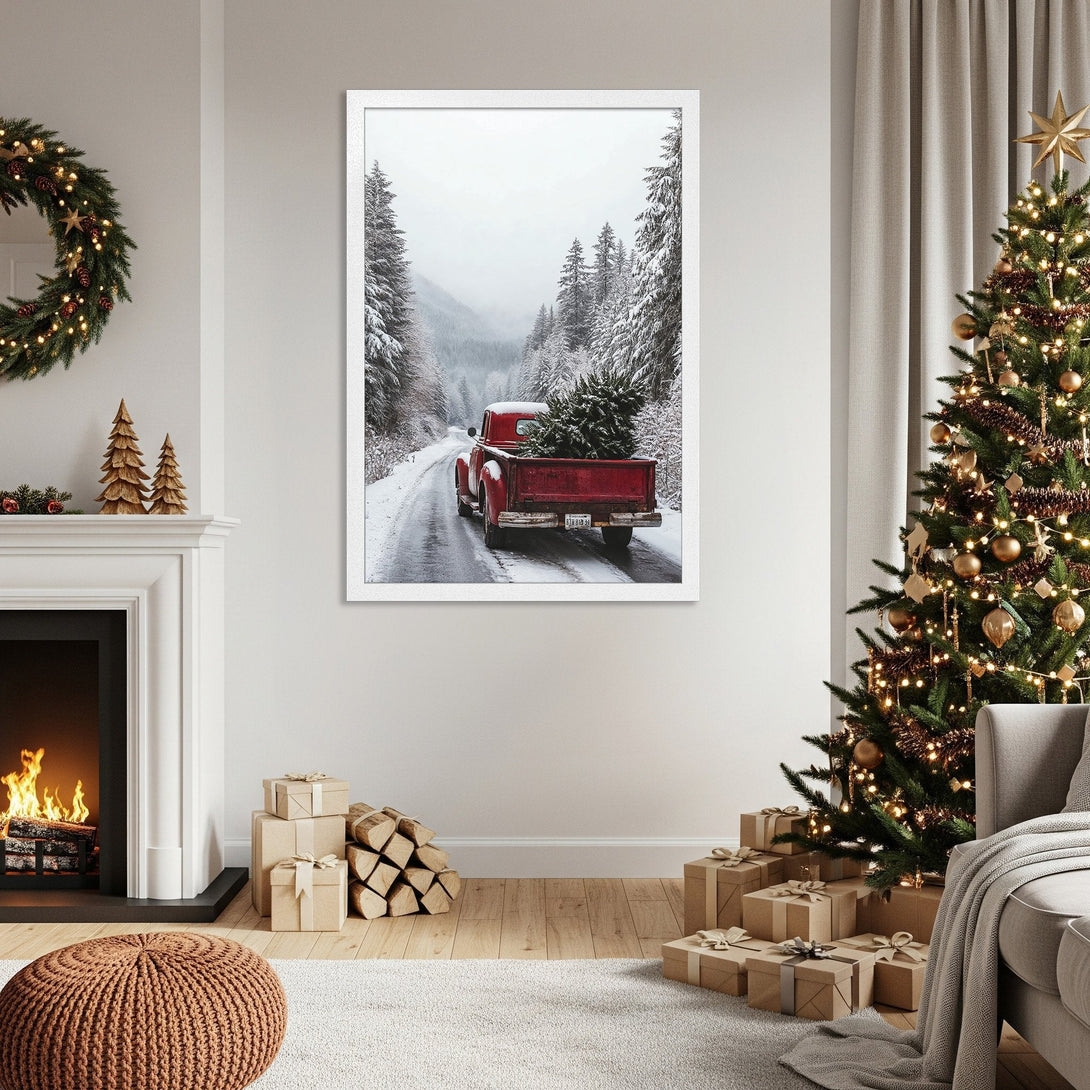 Framed Poster featuring a red truck with a Christmas tree in a snowy forest. Rustic style, neutral and red color palette. Perfect holiday decor.