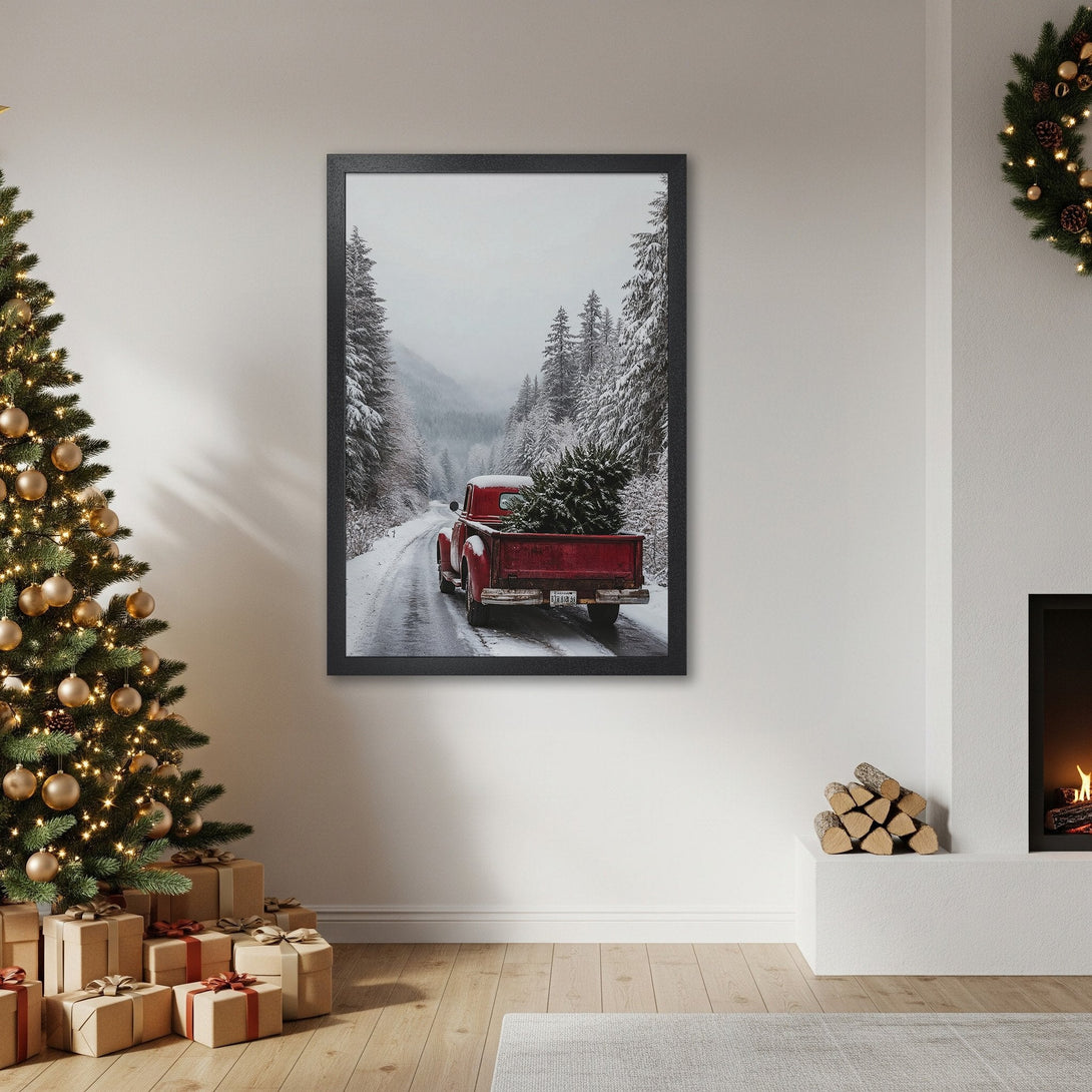 Framed Poster featuring a vintage red truck with a Christmas tree in a snowy forest. Rustic style, neutral and red color palette. Perfect holiday decor!