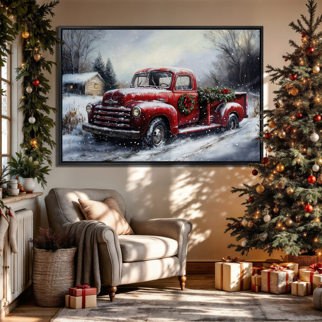 Framed Wall Art: Rustic red truck in winter scene. Cozy Christmas decor with warm, neutral tones and pops of red. Perfect holiday canvas print!