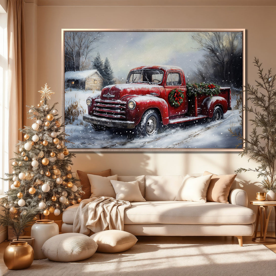 Framed Wall Art: Cozy Christmas scene with a red truck in the snow. Warm, inviting color palette perfect for holiday decor. Enhance your home with this beautiful print!